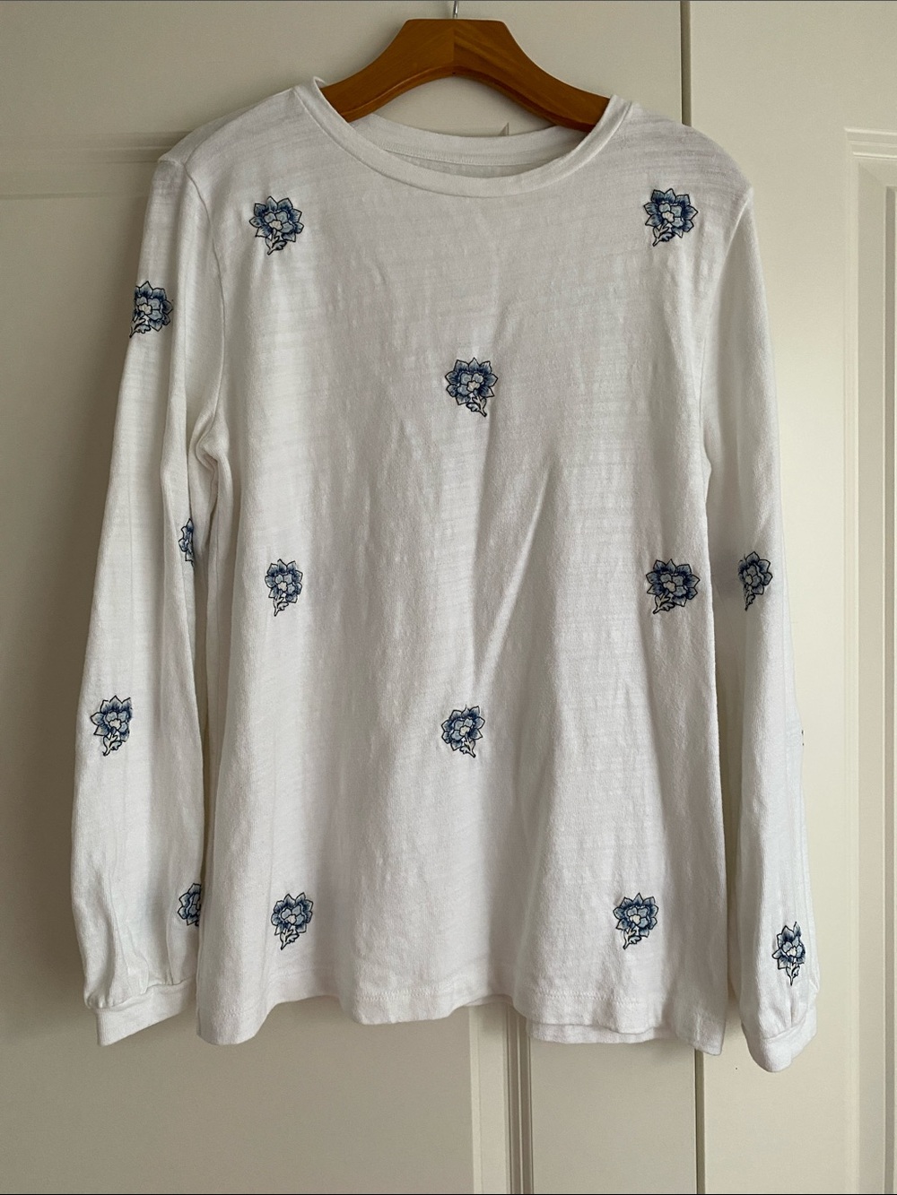 LOFT White Long-Sleeve Tee with Blue Floral Embroidery